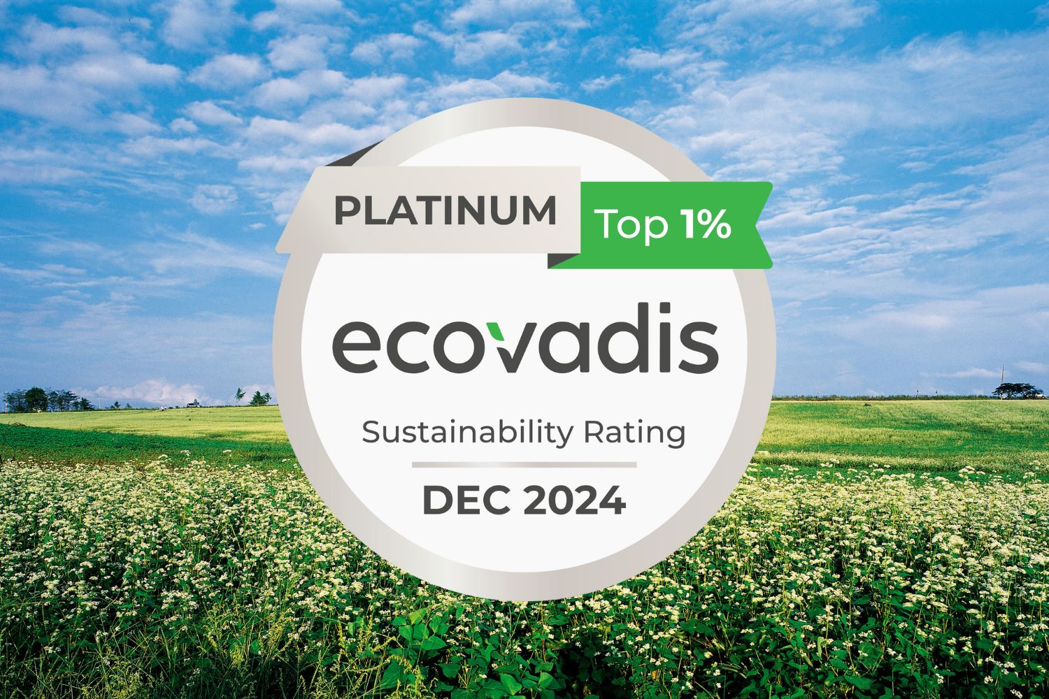 Ecovadis Platinum sustainability rating badge for December 2024, labeled "Top 1%," set against a field with flowers and a blue sky.