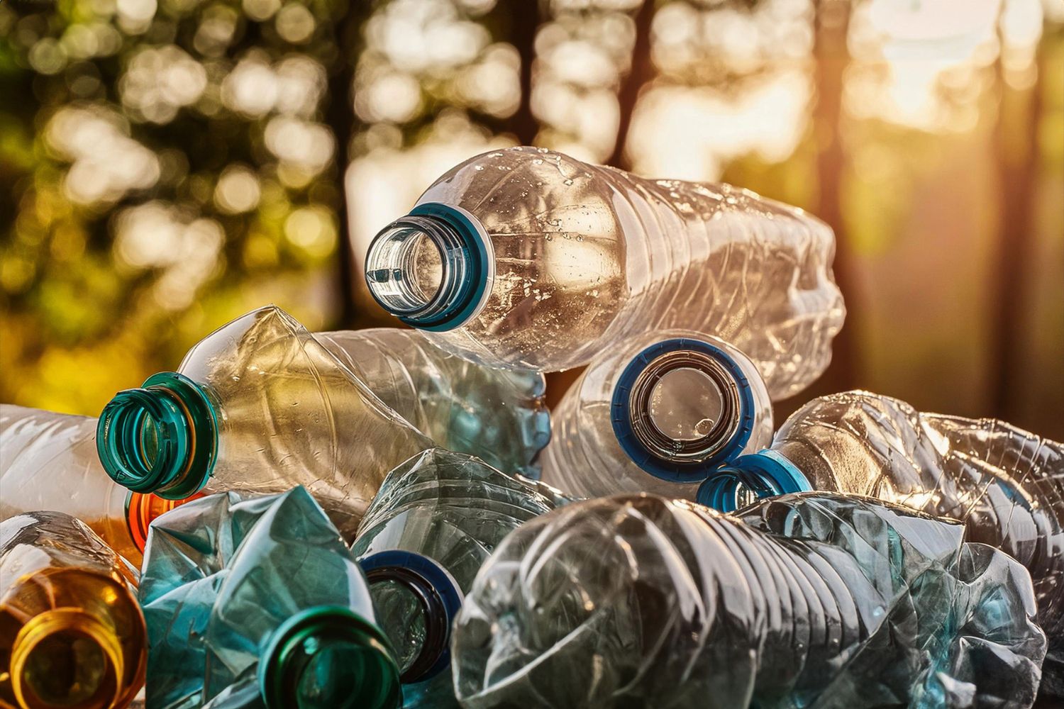 A pile of discarded plastic bottles with varying colors, illuminated by sunlight with a blurred natural background.